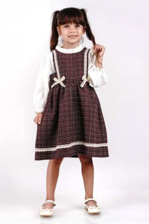 Miniğimin Cicileri Tuvit Ekose Yaka Roba Fistolu Kız Çocuk Elbise - Bordo