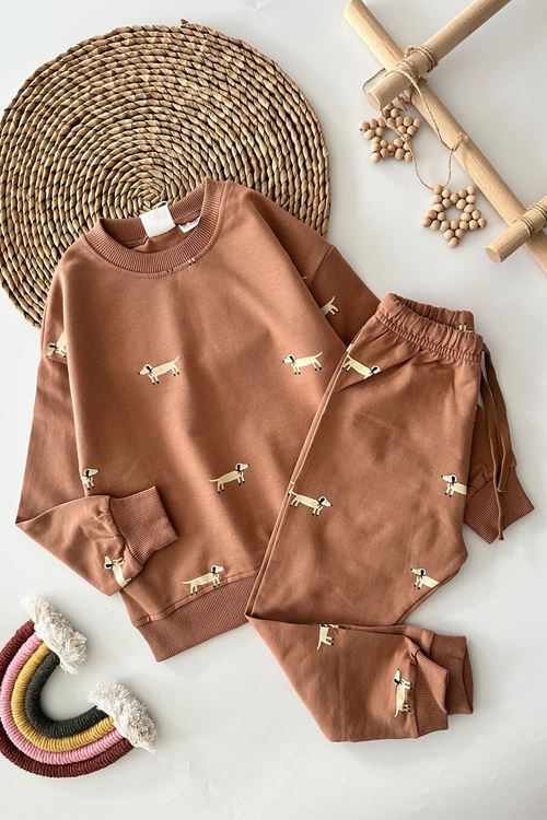 Miniğimin Cicileri Köpek Baskılı Erkek Çocuk 2 li Takım - Kahverengi