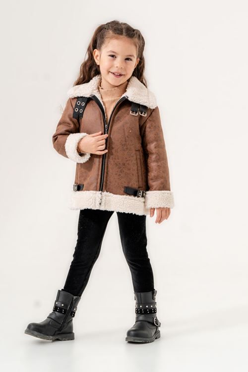 Miniğimin Cicileri İçi welsoft Deri Montlu Fermuarlı Kız Çocuk Takım - İçi Kahve