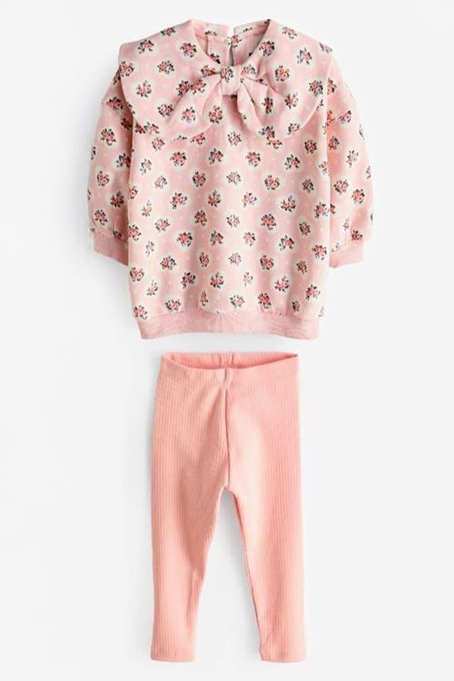 Miniğimin Cicileri (2-7 Yaş) Fiyonk Yakalı Çiçek Baskılı Kız Çocuk Taytlı Takım - Pembe