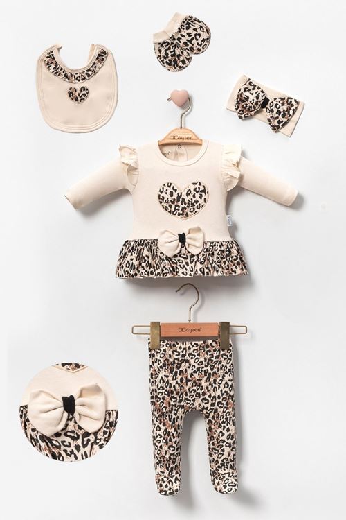Miniğimin Cicileri (0-3 Ay) Leopar Detay Kız Bebek Takım - Bej