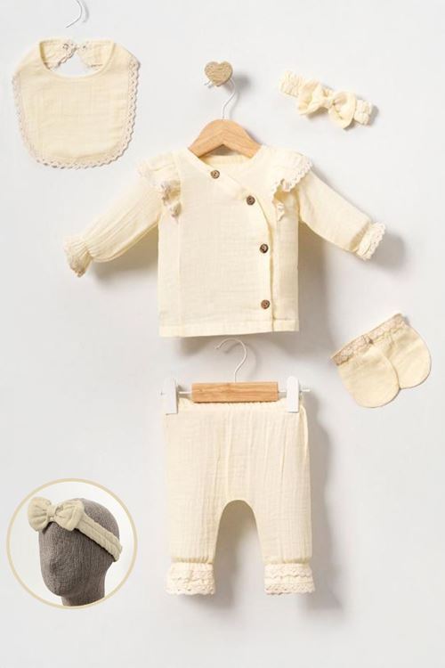 Miniğimin Cicileri (0-3 Ay) Dantelli Müslin Kız BebekTakım - Krem