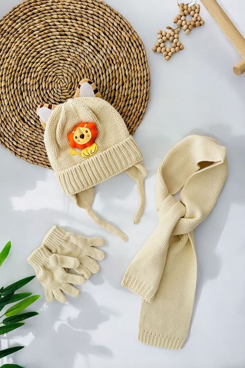 Miniğimin Cicileri (1-4 Yaş) Aslan Desenli Erkek Bebe Triko Atkı Bere Takım