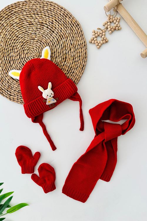 Miniğimin Cicileri (0-18 Ay) Tavşan Detaylı Triko Kız Bebe Bere Takımı