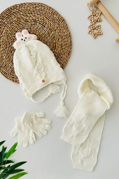 Miniğimin Cicileri (1-4 Yaş) Tavşan Detaylı  Kız Bebe Atkı Bere Takımı