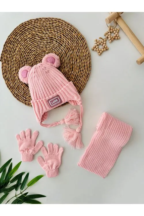 Miniğimin Cicileri (1-4 Yaş) Love Kulaklı Kız Çocuk Atkı Bere Takımı