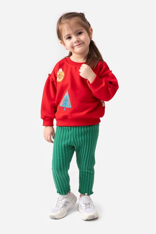 Miniğimin Cicileri (6-18 Ay) Agaç Kalp Baskılı Yeni Yıl Şardonsuz Üç İp Kız Bebek Takım - Kırmızı-Yeşil