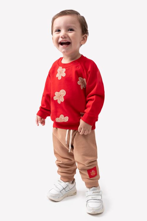 Miniğimin Cicileri (6-18 Ay) Bisküvi Baskılı Yeni Yıl Şardonsuz Üç İp Erkek Bebek Takım - Kırmızı-Camel