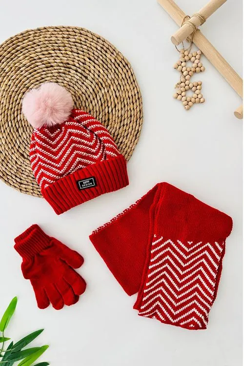 Miniğimin Cicileri (9-15 Yaş) Ponponlu Zigzag Desen Kız Çocuk Atkı Bere Takımı