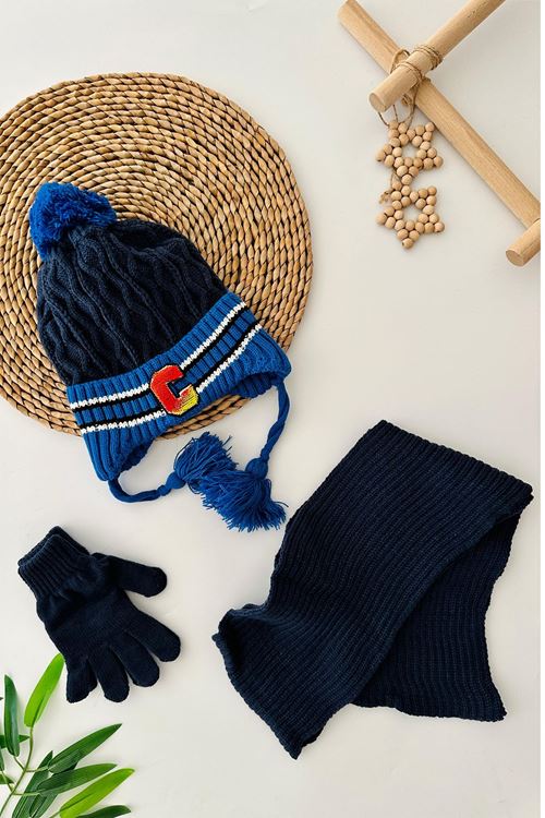 Miniğimin Cicileri (4-8yaş ) Ponponlu C Desen Erkek Çocuk Atkı Bere Takımı