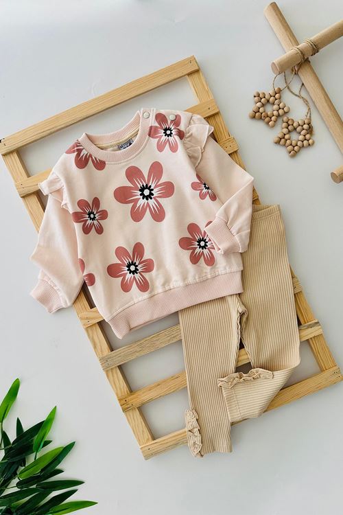Miniğimin Cicileri Çiçek Baskılı Fitilli Kız Çocuk 2 li Takım - Somon