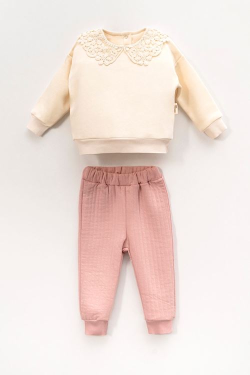 Miniğimin Cicileri (6-18 Ay) Güpür Yaka Üç İp Kız Bebek Takım - Pudra