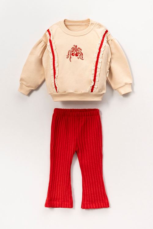 Miniğimin Cicileri (6-18 Ay) Diagonel Kiraz Fiyonk Desen Üç İp Kız Bebek Takım - Kırmızı