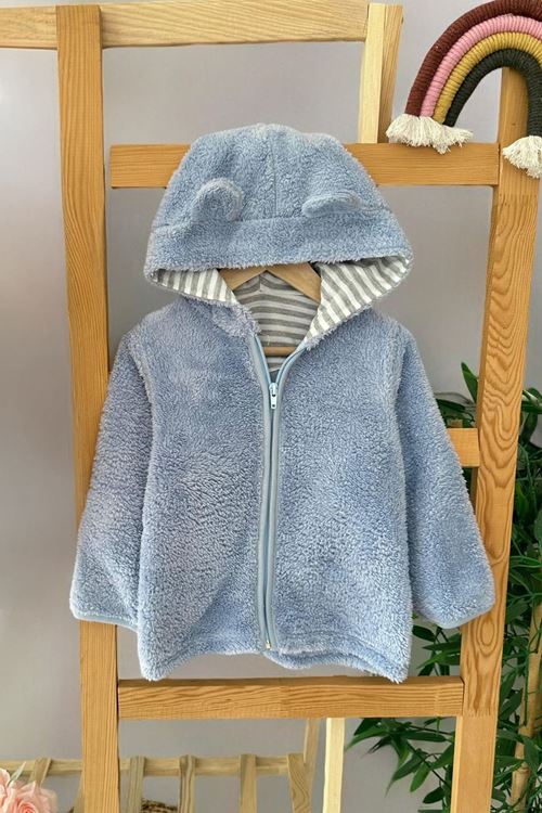 Miniğimin Cicileri (6-24 Ay) Kulak Detaylı Kapüşonlu Peluş Unisex Bebe Hırka - Bebe Mavi