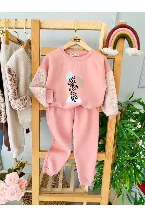 Miniğimin Cicileri Kol Peluş Leopar Detaylı Kız Çocuk Kışlık 2 li Takım - Gül Kurusu
