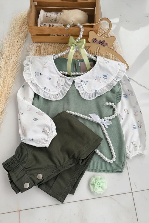Miniğimin Cicileri (2-9 Yaş) Bebe Yakalı Triko Kız Çocuk 2 Takım - Yeşil
