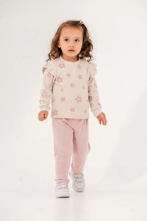 Miniğimin Cicileri (2-5 Yaş) Çiçek Desenli Kaşkorse Kışlık Kız Çocuk Takım - Pembe