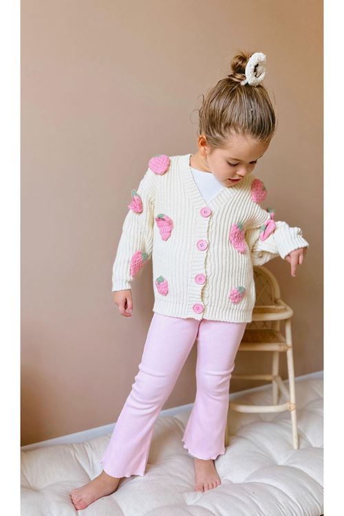 Miniğimin Cicileri Çilek İşleme Detaylı Triko Hırkalı  2 li Takım - Pembe