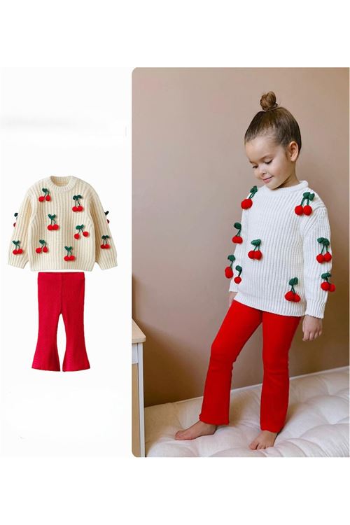 Miniğimin Cicileri Kiraz İşleme Detaylı Triko  2 li Takım - Kırmızı