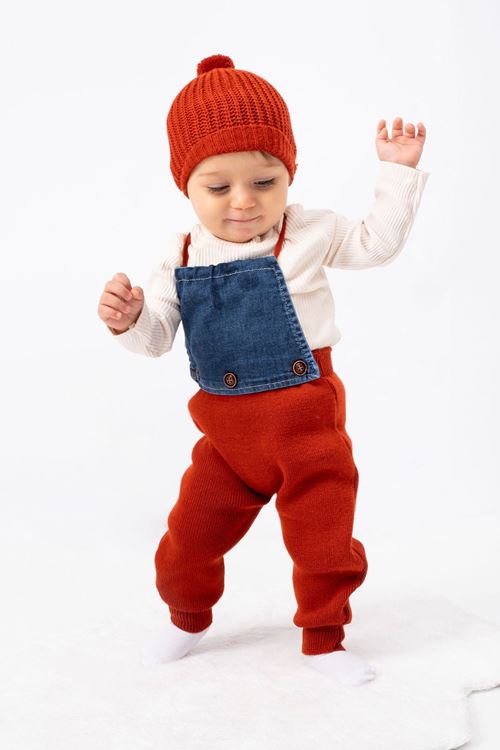 Miniğimin Cicileri Kot Garnili Triko Erkek Bebek Salopet Takım - Kiremit