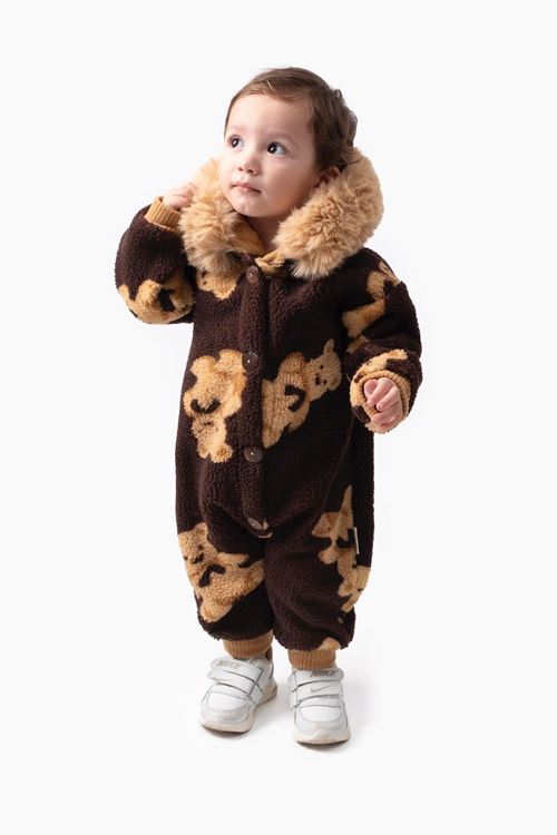 Miniğimin Cicileri Bear Desenli Kürklü Erkek Bebe Welsoft Tulum - Kakao