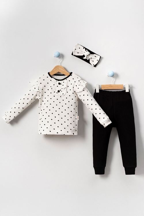 Miniğimin Cicileri Kalp Desenli Bandanalı Kız Bebe 3 Lü Takım - Siyah