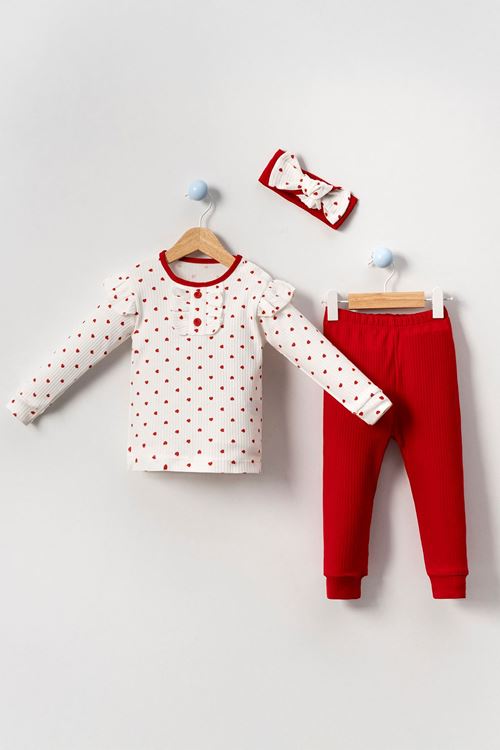 Miniğimin Cicileri Kalp Desenli Bandanalı Kız Bebe 3 Lü Takım - Kırmızı