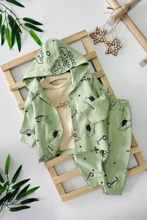 Miniğimin Cicileri Dinazor Baskılı Erkek Bebe 3 Lü Takım - Yeşil
