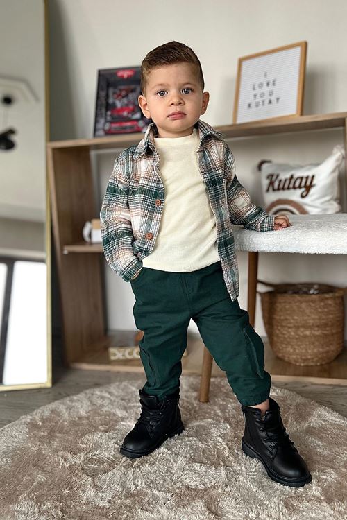 Miniğimin Cicileri Ekose Gömlekli 3 Lü Erkek Bebe Takım - Yeşil