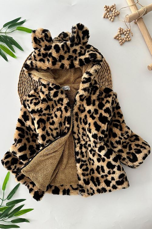Miniğimin Cicileri Leopar Desenli Kız Çocuk Kürk Kaban - Kahve