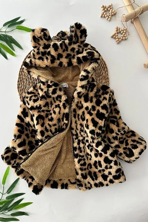 Miniğimin Cicileri Leopar Desenli Kız Çocuk Kürk Kaban - Kahve