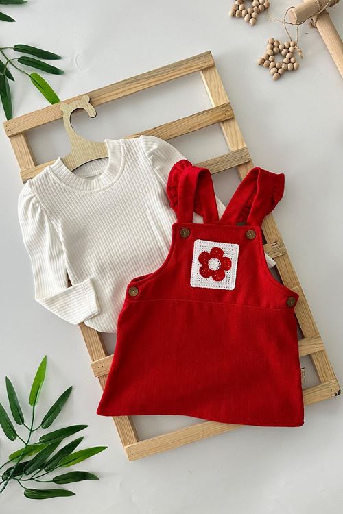 Minigimin Cicileri Kadife Cep Çiçek Detaylı 2 li Kız Bebek Takım - Kırmızı