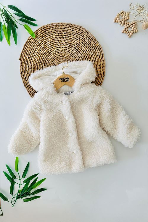 Miniğimin Cicileri (2-9 Yaş) Kapüşonlu Kız Çocuk Kuzu Hırka - Beyaz