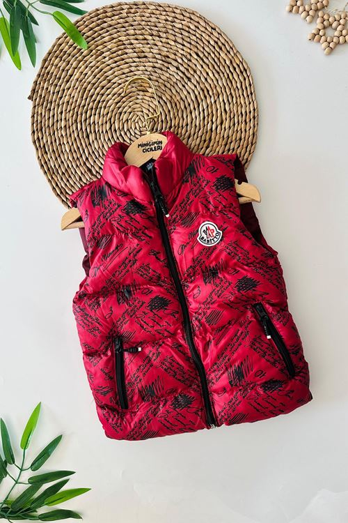 Miniğimin Cicileri Karışık Yazı Desenli Armalı Unisex Şişme Yelek - Kırmızı