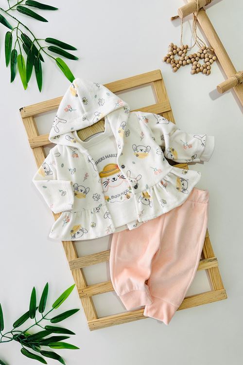 Miniğimin Cicileri Kapüşonlu Kız Bebek Kadife 3 Lü Takım - Somon