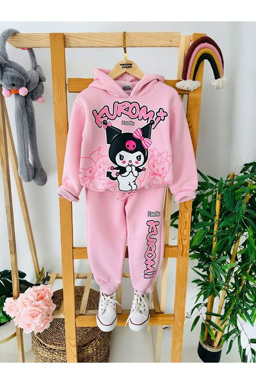Miniğimin Cicileri Crm Desenli Kapüşonlu Kız Çocuk 2 li Takım - Şeker Pembe