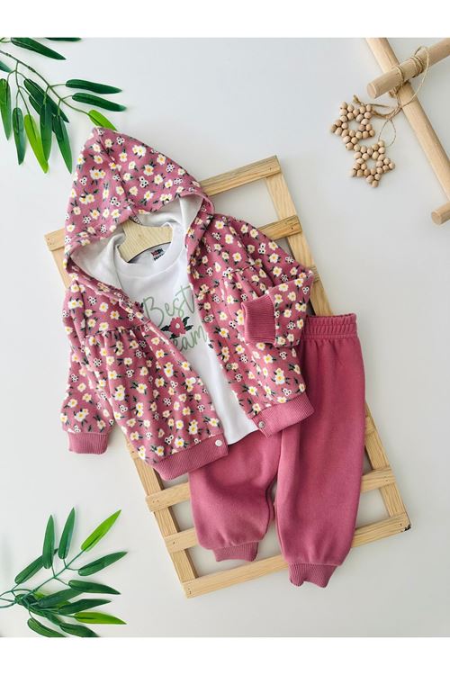 Miniğimin Cicileri Çiçek Desenli Kapüşonlu Kız Bebe 3 Lü Takım - Leylak