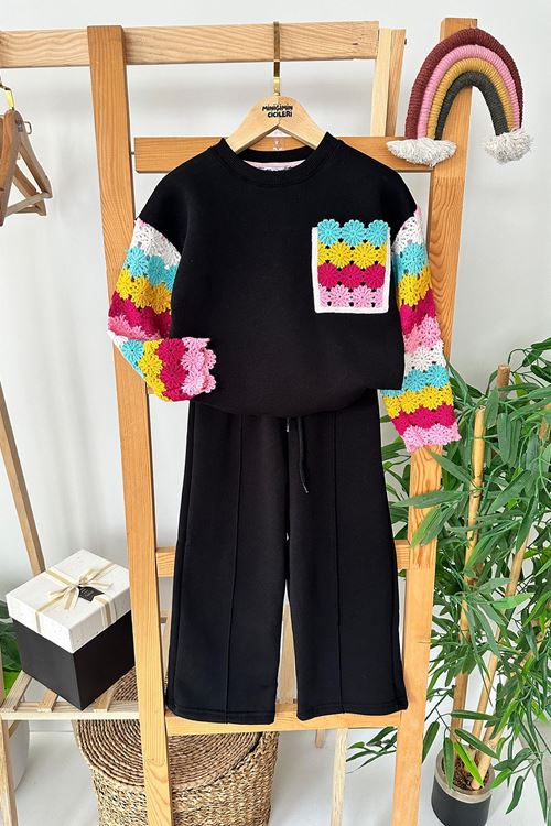 Miniğimin Cicileri Etnik Örgü Kol Detaylı Kız Çocuk Kışlık Takım - Siyah