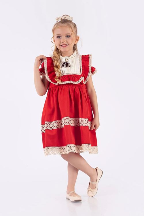 Miniğimin Cicileri Vintage Güpürlü Kız Çocuk Broşlu  Kısa Kol Elbise - Kırmızı
