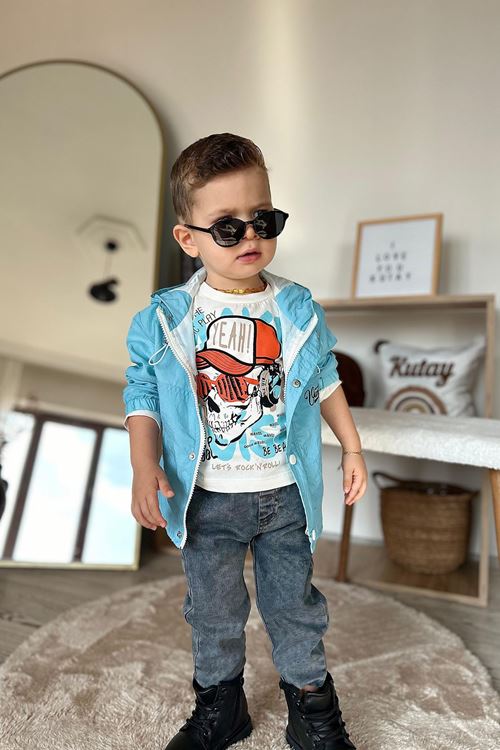 Miniğimin Cicileri Kurukafa Desenli Yağmurluklu Erkek Çocuk 3 Lü Takım - Mavi