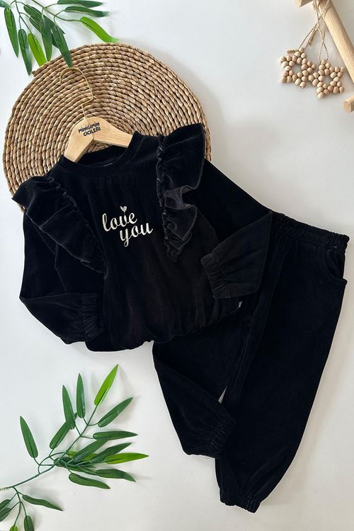 Miniğimin Cicileri Love You Fırfır Detaylı Kız Çocuk Kadife Lastikli Takım - Siyah