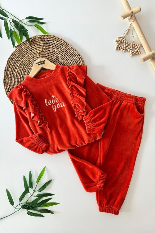 Miniğimin Cicileri Love You Fırfır Detaylı Kız Çocuk Kadife Lastikli Takım - Turuncu