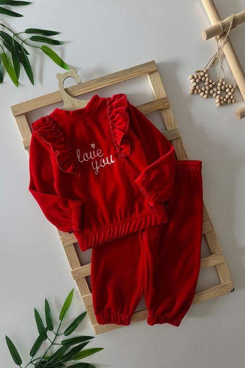 Miniğimin Cicileri Love You Fırfır Detaylı Kız Çocuk Kadife Lastikli Takım - Kırmızı
