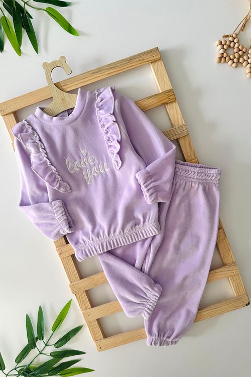 Miniğimin Cicileri Love You Fırfır Detaylı Kız Çocuk Kadife Lastikli Takım - Lila