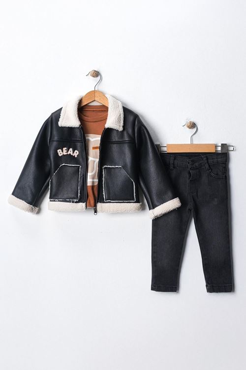 Miniğimin Cicileri Deri Bear welsoftlu Erkek Çocuk 3 Lü Takım - Siyah