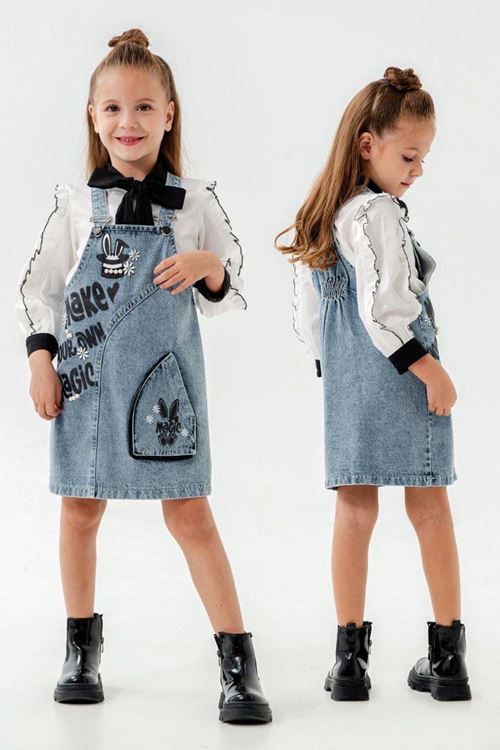 Miniğimin Cicileri Magic Yaka Fiyonk Detaylı Kız Çocuk Jile Takım - Mavi