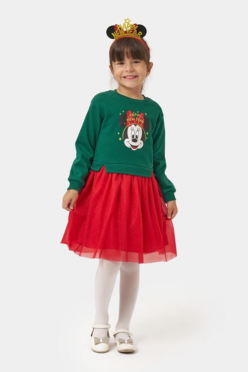 Miniğimin Cicileri (4-7 Yaş) Mnn Baskılı Yılbaşı Konsept Kız Çocuk Elbise - Yeşil
