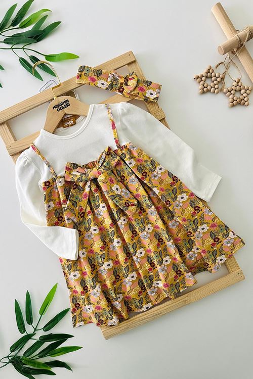 Miniğimin Cicileri Fiyok Detaylı Kız Çocuk Çiçek Desenli Penye Elbise - Hardal