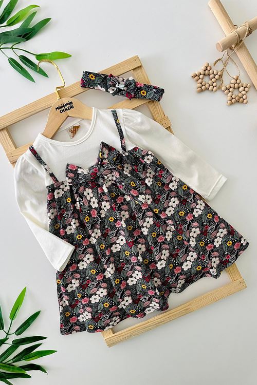 Miniğimin Cicileri Fiyok Detaylı Kız Çocuk Çiçek Desenli Penye Elbise - Füme