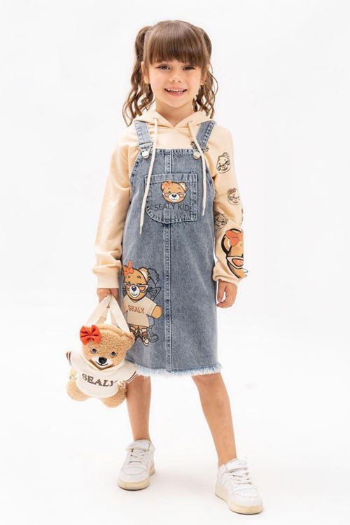 Miniğimin Cicileri Bear Cepli Kot Salopetli Kız Çocuk 3 Lü Çantalı Takım - Camel